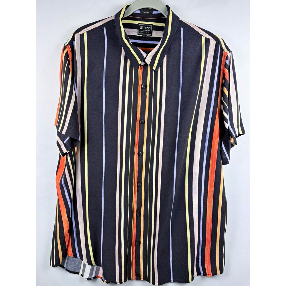 Guess Men's XXL Slim Fit Short Sleeve Button Up Shirt Multicolor Stripe Y2K